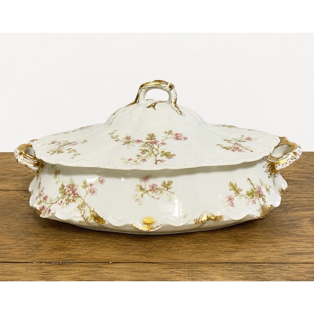 Antique Haviland Limoges Oval Covered Serving Bowl Tureen Floral Gold Gilt